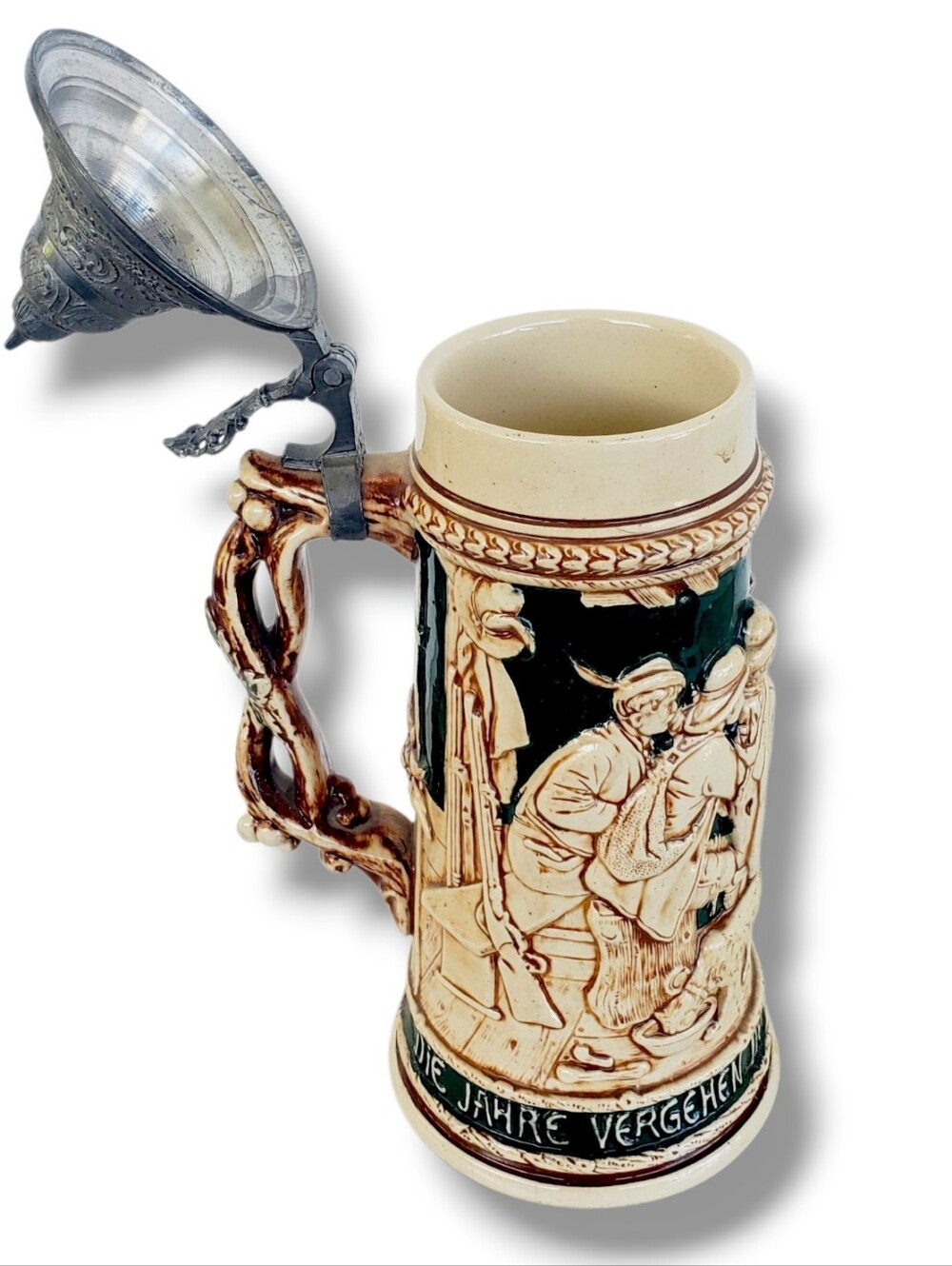 Vintage German Beer Stein w/ Pewter Lid Hunter Scene Relief Ceramic Stein Rustic